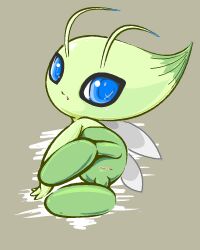 antennae_(anatomy) anthro blue_eyes brown_background celebi female genitals green_body legendary_pokemon looking_at_viewer lying nintendo on_side pokémon_(species) pokemon pokemon_(species) pussy sanusanu simple_background solo video_games