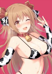 after_paizuri ahoge animal_ears animal_print bangs bare_shoulders bell bell_collar bikini blue_eyes blush braid breasts cleavage collar collarbone cow_bikini cow_ears cow_horns cow_print cum cum_on_body cum_on_breasts cum_on_upper_body female hair_between_eyes hairband horns horosuke_(toot08) huge_breasts long_hair looking_at_viewer nozomi_(princess_connect!) open_mouth orange_hair pink_background princess_connect! princess_connect!_re:dive side_braid simple_background smile solo swimsuit