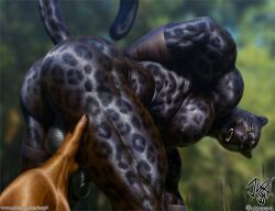 anthro ass ass_up balls big_muscles black_body black_fur duo felid first_person_view forest forest_background from_behind_position from_side from_the_back fur genitals hands_behind_back jugg4 looking_at_another looking_at_viewer looking_back male male/male male_only mammal muscular muscular_anthro muscular_male naked nature nature_background nipples nude pantherine pecs penis plant presenting presenting_hindquarters raised_tail rear_view smile smiling_at_viewer spots spotted_body spotted_fur spread_legs spreading thick_thighs touching_leg touching_thigh tree yellow_eyes