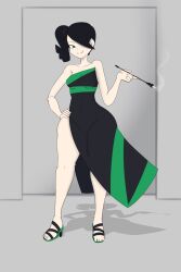 black_hair charlotte_evermoore_(ichigo_ink) cigarette_holder dress freckles green_eyes hair_over_one_eye hand_on_hip high_heels ichigo_ink original original_character ponytail quakeartnsfw side_ponytail smile solo solo_focus thick_thighs