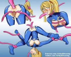 1girls abs aroused blaster blonde_hair blue_background blue_eyes blush bodysuit cameltoe exclamation_point gun hair_ornament hair_tie hard_nipples imminent_sex imminent_tentacle_sex metroid nipple_bulge nipples_visible_through_clothing pink_tentacles ponytail purple_tentacles questionable_consent rape samus_aran shocked simple_background sirikahdrawing skin_tight surprised tears tentacle tentacle_around_leg tentacle_monster tentacle_restraint tentacles_everywhere weapon white_skin yellow_hair zero_suit zero_suit_samus