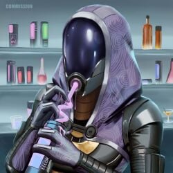 alien arm_pouch background bodysuit commissioner_upload cum cum_in_container cum_on_face cum_on_fingers cum_on_mask cum_play detailed_background drink drinking drinking_cum emergency_induction_port food_play gokkun hazmat_suit helmet hood hoodie mask mass_effect milkshake nazreizo_(artist) quarian sexually_suggestive silly_straw small_breasts straw tali'zorah_nar_rayya