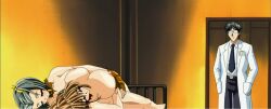 1boy 2girls bed brown_hair closed_eyes cowgirl_position girl_on_top glasses grey_hair kana_morishita labcoat large_breasts long_hair nipples nude project_boobs stitched tie yuki_miyagawa