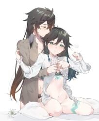 2girls genderbend genderswap genderswap_(mtf) genshin_impact half-dressed kissing_head lowres multiple_girls rule_63 teasing venti_(genshin_impact) wholesome yuri zhongli_(genshin_impact) zhongli_jiejie