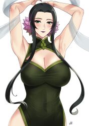 armpits arms_up bangs black_hair covered_nipples dress female green_dress green_eyes highres long_hair ost_horai purple_lips purple_nails solo tate_no_yuusha_no_nariagari white_background xtermination