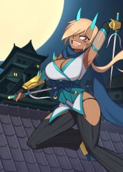 armpits barleyshake big_breasts blue_horn commission female horns ninja peach_hair red_eyes tan_skin weapon wide_hips