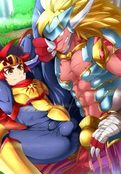 abs absurd_res anthro anthro_dominating_human armor balls_outline big_dom_small_sub black_hair blonde_hair bulge clothed clothing dominant dominant_anthro dominant_male dragon drum_bunker_dragon duo fangs future_card_buddyfight gao_mikado gay genital_outline grin hair headgear helmet hi_res holding_leg holding_partner horn human human_on_anthro imminent_anal imminent_sex interspecies kuroshinki larger_anthro larger_male long_hair lying male male/male male_only mammal multicolored_hair muscular muscular_anthro muscular_male nipples on_back open_clothing open_topwear open_vest pecs penis_outline red_body red_hair scalie size_difference smaller_human smaller_male smile spread_legs spreading submissive submissive_human submissive_male tight_clothing topwear vest yaoi