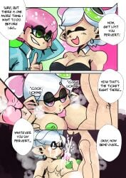 blowjob body_swap boobjob breasts color comic cum ejaculation ejaculation_between_breasts green_nipples groping groping_breasts groping_self inkling inkling_boy large_breasts licking_penis marie_(splatoon) naked nipples onat onatart paizuri penis pervert pink_hair shortstack side_view speech_bubble splatoon squid_sisters sucking sucking_penis text text_bubble top_view tsf