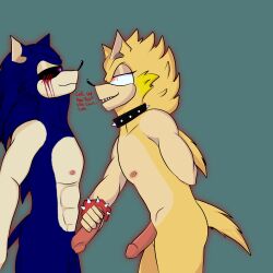 2boys abs blue_fur blush_lines cleetusnsfw collar creepypasta fleetway fleetway_comics fleetway_super_sonic jacking_off male/male mobian_(species) nipples penis seductive_look sharp_teeth sonic.exe sonic.exe_(character) sonic.exe_(creepypasta) sonic_(series) sonic_the_comic sonic_the_hedgehog tail text yellow_fur