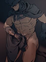 cape cloak covering_crotch covering_self dark_souls dark_souls_3 fromsoftware gauntlet gloves hat headwear kofuta male male_only male_pubic_hair mask masked masked_male mostly_nude muscular muscular_male partially_clothed pubic_hair_peek ringfinger_leonhard solo sweatdrop