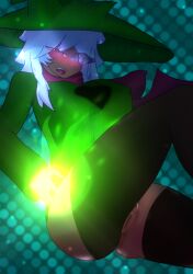 big_breasts clothed clothing cosplay fang fangs female garasunsfw green_fire hat healing just_battle lighting lighting_eyes oyuki_(just_battle) plagiarism pussy ralsei_cosplay tongue_out vampire_fangs white_hair