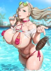 1girls 2022 absurd_res ann_takamaki areolae atlus bikini blonde_hair blue_eyes body_markings body_writing breasts erect_nipples female female_only hips huge_breasts key kunaboto large_areolae lollipop long_hair massive_breasts nipple_suspension_bikini nipples outdoors persona persona_5 pool pubic_hair puffy_nipples revealing_clothes sega solo sunglasses sunglasses_on_head swimsuit tattoo thick_thighs thighs twintails venus_body water wet wet_body wide_hips