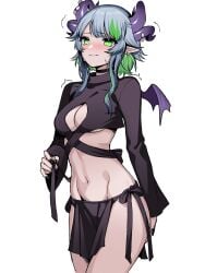 1girls belly_button black_nails blue_hair boob_window bsapricot embarrassed female froot green_eyes green_highlights horn lich loincloth long_sleeves looking_at_viewer nail_polish shivering solo sweatdrop thick_thighs virtual_youtuber vshojo wide_hips wings