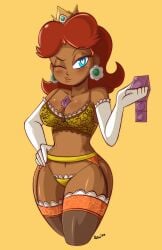 1girls big_breasts blush cleavage condom condom_between_breasts condom_packet_strip condom_wrapper dark-skinned_female dark_skin female female_only garter_belt heart-shaped_pupils lingerie mario_(series) nintendo princess_daisy solo stewsspicyblog tagme thick_thighs wide_hips