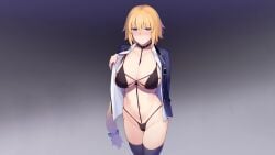 1girls big_breasts blonde_hair blue_eyes blush bra breasts cleavage collar enosan fate/grand_order fate_(series) female female_only high_resolution highres jeanne_d'arc_(fate) large_breasts leash_and_collar looking_at_viewer panties sex_slave solo thighhighs