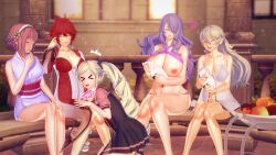 3d 5girls baby babydoll bare_legs blonde_hair breasts breasts_out camilla_(fire_emblem) cleavage closed_eyes corrin_(fire_emblem) corrin_(fire_emblem)_(female) elise_(fire_emblem) female female_only fire_emblem fire_emblem_fates grey_hair hans_(fire_emblem) harem hinoka_(fire_emblem) huge_breasts large_breasts laugh long_hair multiple_girls nightgown nintendo nipples panties pink_hair pregnant princess purple_hair purple_panties red_hair royalty sakura_(fire_emblem) see-through short_hair sisters sitting sound_effects twintails v-kris wide_hips wife