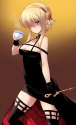 1girls blonde_hair blue_eyes breasts cleavage cosplay cup darjeeling dress female_only girls_und_panzer gradient_background hair_ornament hair_over_one_eye holding_object knives looking_at_viewer mouth_open one_eye_covered quzken solo spy_x_family teacup thick_thighs thighs yor_briar_(cosplay)