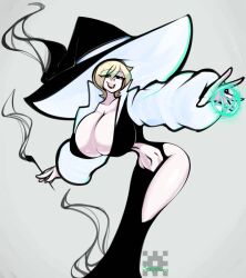 big_breasts black_dress black_lipstick blonde_hair house huge_breasts joeydrawss smoking_pipe thick_thighs thin_waist witch_hat wolffighter