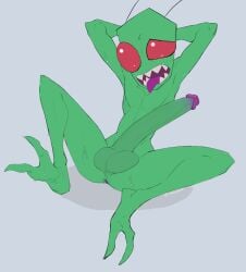 2022 alien alien_humanoid anus balls big_penis cyancoyote erection front_view full-length_portrait genitals glans green_body green_penis green_skin hands_behind_head hi_res humanoid humanoid_genitalia humanoid_penis invader_zim irken male nickelodeon not_furry nude open_mouth penis portrait red_eyes sharp_teeth sitting solo teeth tongue tongue_out zim