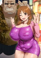 1boy 1girls 2022 absurd_res breasts brown_eyes brown_hair busty curvy dress hi_res hips huge_breasts idol imminent_sex japanese_text katagiri_sanae kunaboto massive_breasts puffy_nipples skin_tight skindentation speech_bubble tagme textless the_idolm@ster the_idolm@ster_cinderella_girls thick_thighs thighs tight_clothing tight_fit twintails ugly_bastard ugly_man venus_body voluptuous wide_hips