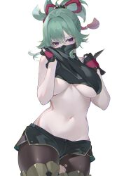 1girls belly belly_button big_breasts blush breasts clothed clothing female female_only flashing genshin_impact green_hair kaneko_(bblogtinhan) kuki_shinobu kunai looking_at_viewer mask masked_female midriff ninja pantyhose purple_eyes shirt_lift shorts tattoo torn_pantyhose underboob