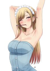 armpits arms_up blonde_hair blue_dress buttons collarbone dress eyebrows_visible_through_hair female gyaru highres kitagawa_marin looking_to_the_side maid_headdress nail_polish one_eye_closed pen red_eyes sono_bisque_doll_wa_koi_wo_suru standing stretch white_background xtermination