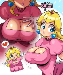 big_breasts blonde_hair boob_window cleavage lego lego_super_mario mario_(series) multiple_images nintendo princess_peach sasatseng