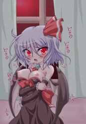 blush breasts_out cute_fang detached_sleeves dress erect_nipples female inasaki_shirau large_breasts night open_mouth red_eyes remilia_scarlet solo touhou vampire window wings