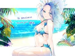 1girls amalee beach bikini blue_eyes blue_hair butterfly clothed clothing detailed_background female female_only human indie_virtual_youtuber leeandlie light-skinned_female light_skin long_hair monarch monarch_(amalee) mostly_nude pale_skin second-party_source sitting smile solo swimsuit swimwear szy_tw virtual_youtuber vshojo white_hair