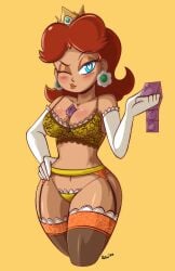 1girls big_breasts blush cleavage condom condom_between_breasts condom_packet_strip condom_wrapper female female_only garter_belt heart-shaped_pupils light-skinned_female lingerie mario_(series) nintendo princess_daisy solo stewsspicyblog tagme thick_thighs wide_hips