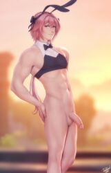 1boy abs alternate_hairstyle alternate_pectoral_size animal_ears artist_name astolfo_(fate) astolfo_(saber)_(fate) bangs bare_arms black_bow black_bowtie black_hairband blurry blurry_background bottomless bow bowtie closed_mouth commentary covered_nipples crop_top english_commentary eyebrows_visible_through_hair fake_animal_ears fate/grand_order fate_(series) feet_out_of_frame hair_between_eyes hair_intakes hairband hand_on_hip highres male_focus male_only muscular muscular_male navel penis personalami pink_hair purple_eyes rabbit_ears shirt short_hair_with_long_locks signature sleeveless sleeveless_shirt smirk solo standing testicles uncensored