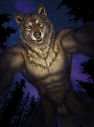 abs anthro black_nose canid canine canis fangs forest fur genitals grey_body grey_fur hibbary looking_at_viewer male mammal muscular night penis plant smile solo tongue tree were werecanid werecanine werewolf wolf yellow_eyes