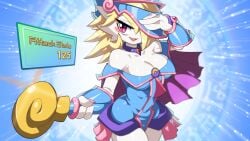 1girls big_breasts blonde_hair choker cleavage cosplay_gardevoir cute_fang dark_magician_girl_(cosplay) dress drunkoak english_text female gardevoir hair_over_one_eye looking_at_viewer pokemon pokemon_(species) red_eyes smile solo solo_female staff tagme thighs white_skin wide_hips yu-gi-oh!