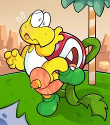 blush desperadiation koopa koopa_troopa long_tongue male male_only mario_(series) nintendo open_mouth piranha_plant precum scalie sharp_teeth super_mario_bros. tank_top yellow_scales