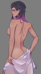 black_hair looking_at_viewer naked nipples purple_eyes purple_hair reyna_(valorant) riot_games smile suracao tagme towel valorant