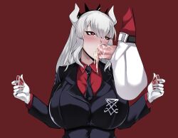 1boy 1girls absurd_res big_breasts blowjob blush breasts cum cum_in_mouth cum_inside demon demon_girl erection fellatio female fully_clothed gloves helltaker high_resolution horns huge_breasts long_hair lucifer_(helltaker) male oral owner_(artist) penis red_background red_eyes uncensored upper_body white_hair