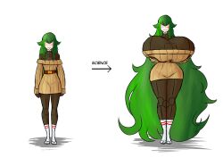 ass_expansion big_breasts breast_expansion green_hair growth hourglass_expansion hourglass_figure huge_breasts karen_(matsu-sensei) rust_and_bolts sweater thick_thighs