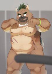 1boy anthro bottomless brown_body brown_fur canid canine canis clothed clothing clothing_lift convenient_censorship domestic_dog fupa fur green_hair hair lifewonders male male_only mammal musclegut muscular_arms muscular_legs natsuhakoura nipples pecs scar shirt shirt_lift solo tokyo_afterschool_summoners topknot topwear video_games yasuyori