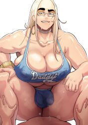 1boy 1futa absurd_res big_breasts blonde_hair blue_eyes breasts bulge clothed clothing digital_media donaught fajji flaccid futanari glasses highres huge_breasts human light_skin long_hair mostly_nude penis_bulge precum precum_through_clothing sitting sitting_on_person solo_focus spread_legs squatting text thick_thighs venus_body very_high_resolution voluptuous wide_hips