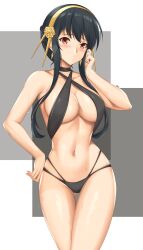 arciealbano assassin black_hair blush breasts female female_only light-skinned_female light_skin long_hair red_eyes solo_female spy_x_family sweat swimsuit thorn_princess yor_briar