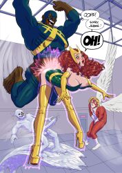 1girls 3boys angel_(x-men) beast_(x-men) bimbo busty dark-skinned_male doggy_style female female_focus fenris_comix high_heels hourglass_figure iceman interracial jean_grey long_hair male marvel marvel_comics parody platform_heels red_hair stiletto_heels thick_lips very_high_heels wide_hips x-men