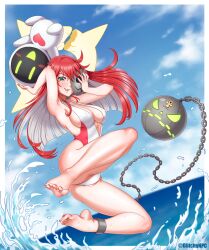 chains female glitchynpc green_eyes guilty_gear guilty_gear_strive jack-o'_valentine red_hair swimsuit white_hair