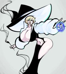 big_breasts black_dress black_lipstick blonde_hair edit house huge_breasts joeydrawss smoking_pipe thick_thighs thin_waist witch_hat