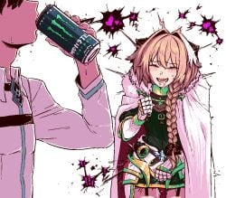 ! !! 2022 2boys armor aroused astolfo_(fate) astolfo_monster_cosplay_(meme) black_hair blush bow braid can cape clothed clothing covering covering_crotch drink drinking dripping drooling energy_drink erection erection_under_clothes eyebrows_visible_through_hair fate/grand_order fate_(series) femboy fujimaru_ritsuka_(male) fur-trimmed_cape fur_trim garter_straps gauntlets hair_between_eyes hair_ribbon half-closed_eyes heart hiding_erection highlights highres holding_can holding_drink kingbawoon long_hair long_ponytail looking_at_another male male_only matching_hair/eyes monster_energy multiple_boys open_mouth orgasm pink_eyes pink_hair pleasure_face ponytail precum precum_drip ribbon saliva saliva_drip saliva_trail shirt simple_background single_braid speech_bubble spoken_exclamation_mark spoken_heart sweat teeth thighs tied_hair tongue trap uncommon_stimulation white_background white_highlights zettai_ryouiki