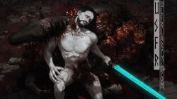 1boy beard beast_(bloodborne) black_hair bloodborne body_hair body_horror chest_hair completely_nude facial_hair fromsoftware guro hairy horse ludwig_the_accursed ludwig_the_holy_blade male male_only moonlight_greatsword muscular muscular_male nude pale-skinned_male pale_skin realistic sharp_fingernails solo_focus sword transformation usfr weapon