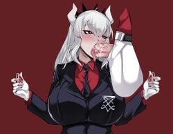 1boy 1girls absurd_res big_breasts blowjob blush breasts demon demon_girl erection fellatio female fully_clothed gloves helltaker high_resolution horns huge_breasts long_hair lucifer_(helltaker) male oral owner_(artist) penis red_background red_eyes uncensored upper_body white_hair