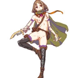 belt breasts brown_eyes brown_footwear brown_hair cape casual closed_mouth clothing commentary_request dagger dual_wielding elbow_gloves female functionally_nude gloves holding holding_dagger holding_weapon human knife legwear looking_at_viewer naked_cape navel nipples nude original outerwear pale_skin pussy ribs short_hair small_breasts smile solo standing standing_on_one_leg tactical_nudity thighhighs toned uncensored weapon white_gloves yamada_(gotyui)