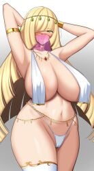 1girls 2022 alternate_breast_size armpits arms_behind_head arms_up barely_clothed belly_dancer belly_dancer_outfit bikini_bottom blonde_hair blush breasts dancer dancer_outfit female female_only green_eyes hair_over_one_eye harem_outfit hips huge_breasts long_hair looking_at_viewer lusamine_(pokemon) mature_female milf mother nintendo one_thighhigh panties pokemon pokemon_sm revealing_clothes slave_bikini smile tanaken thick_thighs thighs veil very_long_hair white_panties