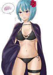 1girls alternate_costume ass_visible_through_thighs belly_button beruka_(fire_emblem) bikini black_bikini black_swimsuit blue_hair blush cape cat_neko_cat1 cloak embarrassed female fire_emblem fire_emblem_fates flower flower_in_hair hair_flower medium_breasts medium_hair nintendo purple_eyes solo swimsuit wet white_background