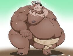 2022 anthro asian_clothing belly big_belly black_nose blush brown_body burenai clothing east_asian_clothing fat fat_belly goro_(live-a-hero) hi_res humanoid_hands japanese_clothing kemono lifewonders live-a-hero male mammal mawashi moobs morbidly_obese morbidly_obese_male nipples obese obese_male overweight overweight_male solo sumo ursid video_games